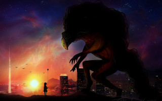 City night giant creature skyline - a city skyline in the background free wallpaper