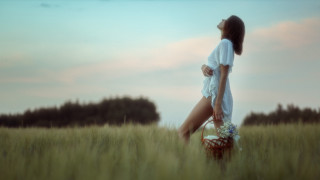 Woman field basket flowers sky - impressionist free wallpaper