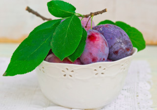 Bowl plums green leaf tablecloth - a green leaf free wallpaper