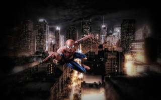 Spiderman city night skyline architecture - over a city free wallpaper