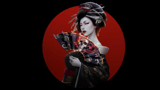 Geisha fan redcircle blackbackground detailed - ukiyoe free wallpaper