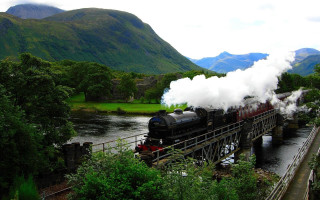 Train bridge steam mountains lake - steam free wallpaper