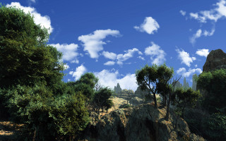 Mountain trees sky clouds horizon 2 - tree and a sky background free wallpaper