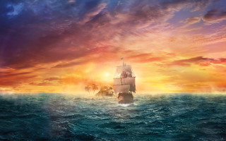 Sunset ship ocean clouds dusk - free ship wallpaper