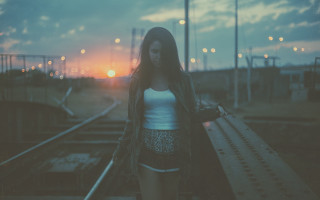 Woman sunset traintrack suitcase outstretched - elsa bleda free wallpaper
