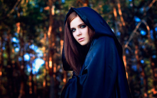 Gothic hooded woman forest blue - a blue sky in the background free wallpaper for desktop