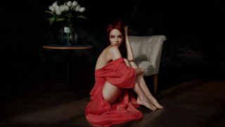 Woman red dress sitting chair 4 - impressionist free wallpaper