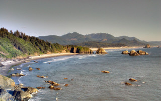 Beach rocks water mountains trees 2 - bascove free wallpaper for desktop