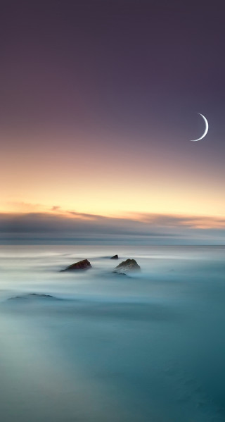 Crescent moon ocean dusk rock - a matte painting free wallpaper
