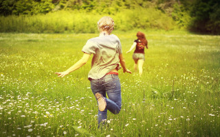 Girls running field flower summer - their arm free wallpaper for desktop