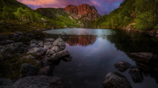 Lake rocks trees mountain sunset - cloudy free wallpaper