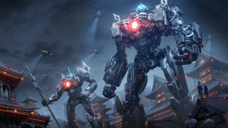 Robots city night glowing aurora - a group of robots free wallpaper