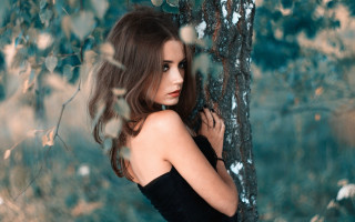 Woman black dress leaning tree - leaning free wallpaper