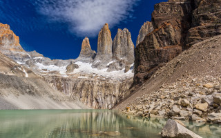 Mountain lake snowpeaks blue sky - peak free wallpaper