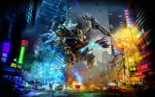 Futuristic city giant robot neon - neon free wallpaper