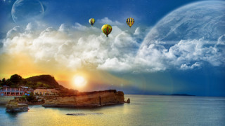 Sunset hotairballoons town water boat - a painting of a sunset free wallpaper