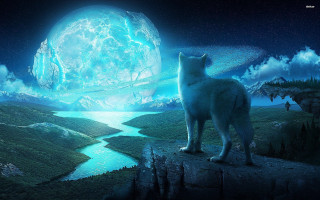 Wolf cliff moon lake mountains - full moon free wallpaper