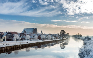 River town bridge church winter - florence engelbach free wallpaper