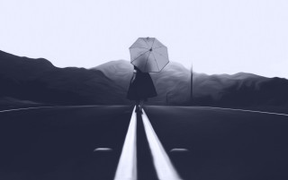 Person umbrella road mountains photorealism - the road free wallpaper