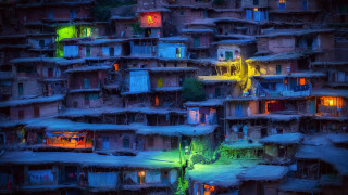 Cityscape night snow lights reflection - a green light in the middle free wallpaper