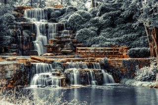 Waterfall bench forest snow cityscape - waterfall free wallpaper