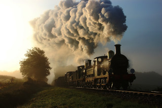 Train smoke city mountain forest - stack free wallpaper
