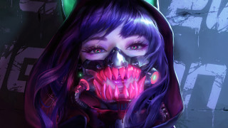 Creepy purple haired hooded cyberpunk - a hood free wallpaper