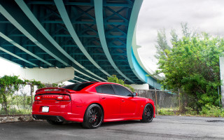 Red car bridge tilt shift - vibrant color free wallpaper