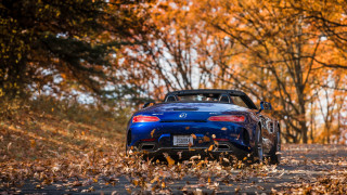Blue sports car fall leaves - a leaf free wallpaper