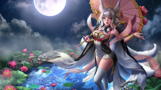 Woman umbrella pond lily moon - a pond of water free wallpaper