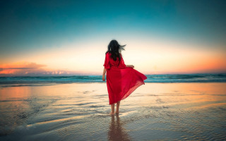 Woman red dress beach sunset 4 - the wind free wallpaper