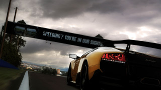 Yellow sports car speeding tour - a sign above free wallpaper