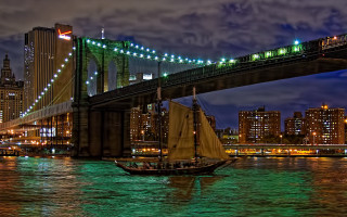Night boat bridge city lights - city background free wallpaper