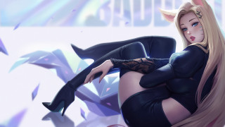 Ahri furry sitting blonde blue - long hair and a cat ears free wallpaper