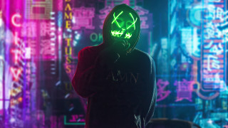 Neon mask cyberpunk cityscape hologram - the wall free wallpaper