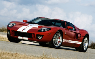 Red sports car white stripes - body and hood free wallpaper
