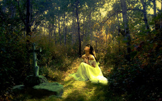 Woman dress woods cross statue - a yellow dress free wallpaper