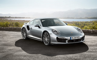Silver porsche lake mountains digital - a parking lot next free wallpaper