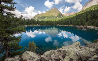 Lake mountains trees reflection blue 2 - mountain and trees free wallpaper