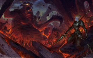 Demonic demon sword landscape battle - a demon in the background and a demon in the foreground free wallpaper