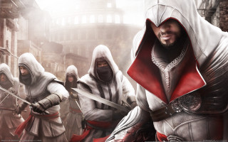 Group men hooded swords city - 2 d game art free wallpaper
