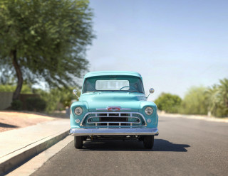 Blue truck road tree sidewalk - a blue truck free wallpaper