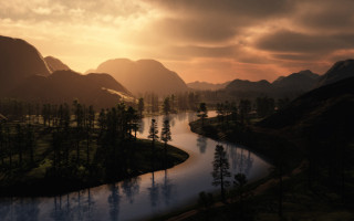 River forest sunset mountains cityscape - a lush green forest under a cloudy sky free wallpaper