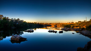 Bridge river rocks trees sunset 3 - river free wallpaper
