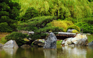 Pond rocks bridge trees tiltshift - a bridge over free wallpaper