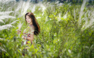 Woman field tallgrass blowinghair lookingatcamera - tall grass free wallpaper