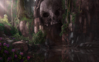 Skull forest flower stream vines - matte fantasy painting free wallpaper