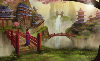 Woman purple dress bridge waterfall - cyril rolando free wallpaper for desktop
