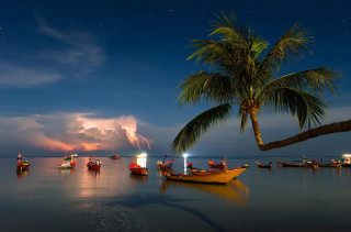 Boats water palm night clouds - impressionist free wallpaper