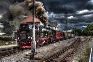 Red black train cityscape ruins - a train free wallpaper